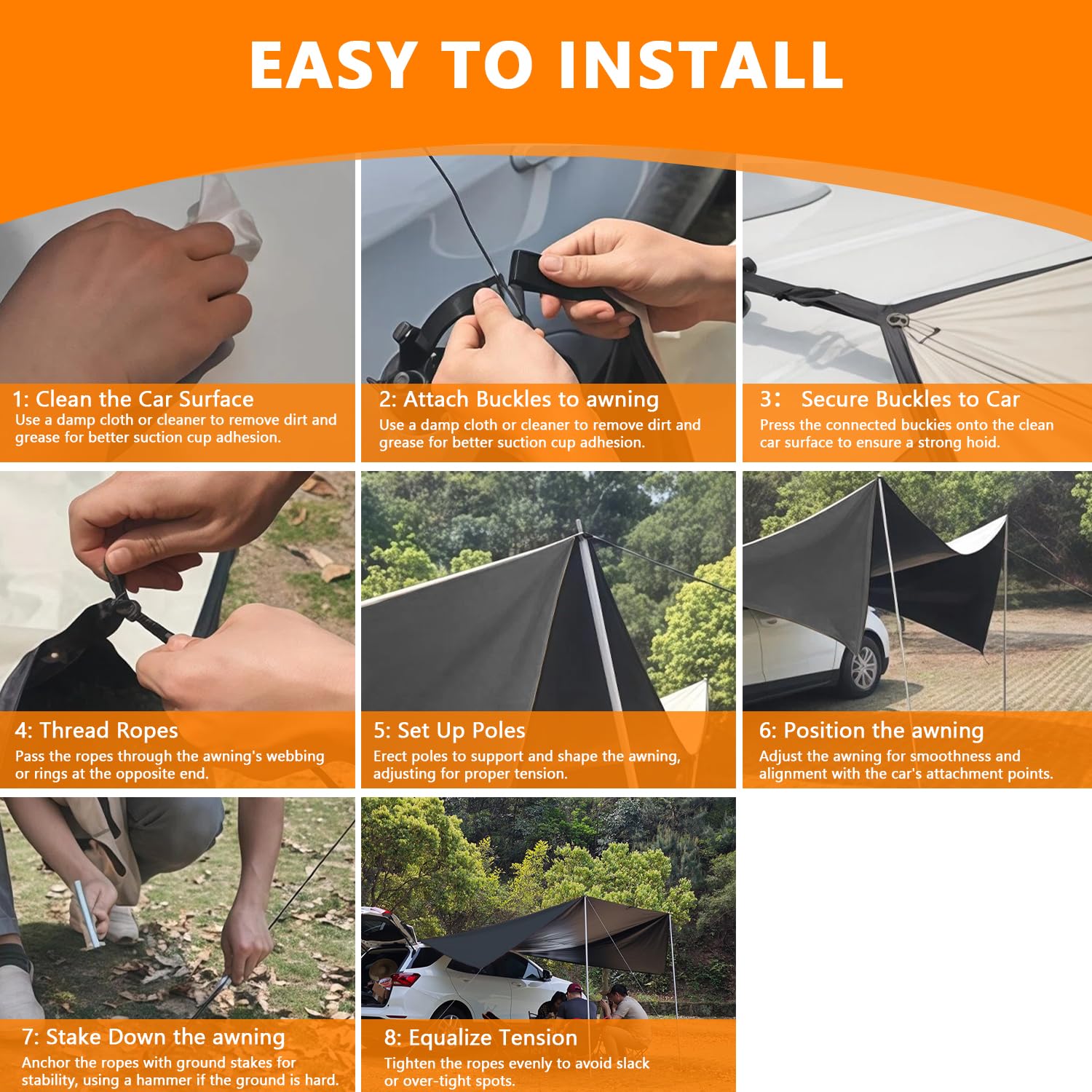Auvent Universel pour Voiture Voile d'ombrage étanche | camionnettes et camping-cars, montage par passepoil ou ventouse, gris Awning, 380 x 280 cm
