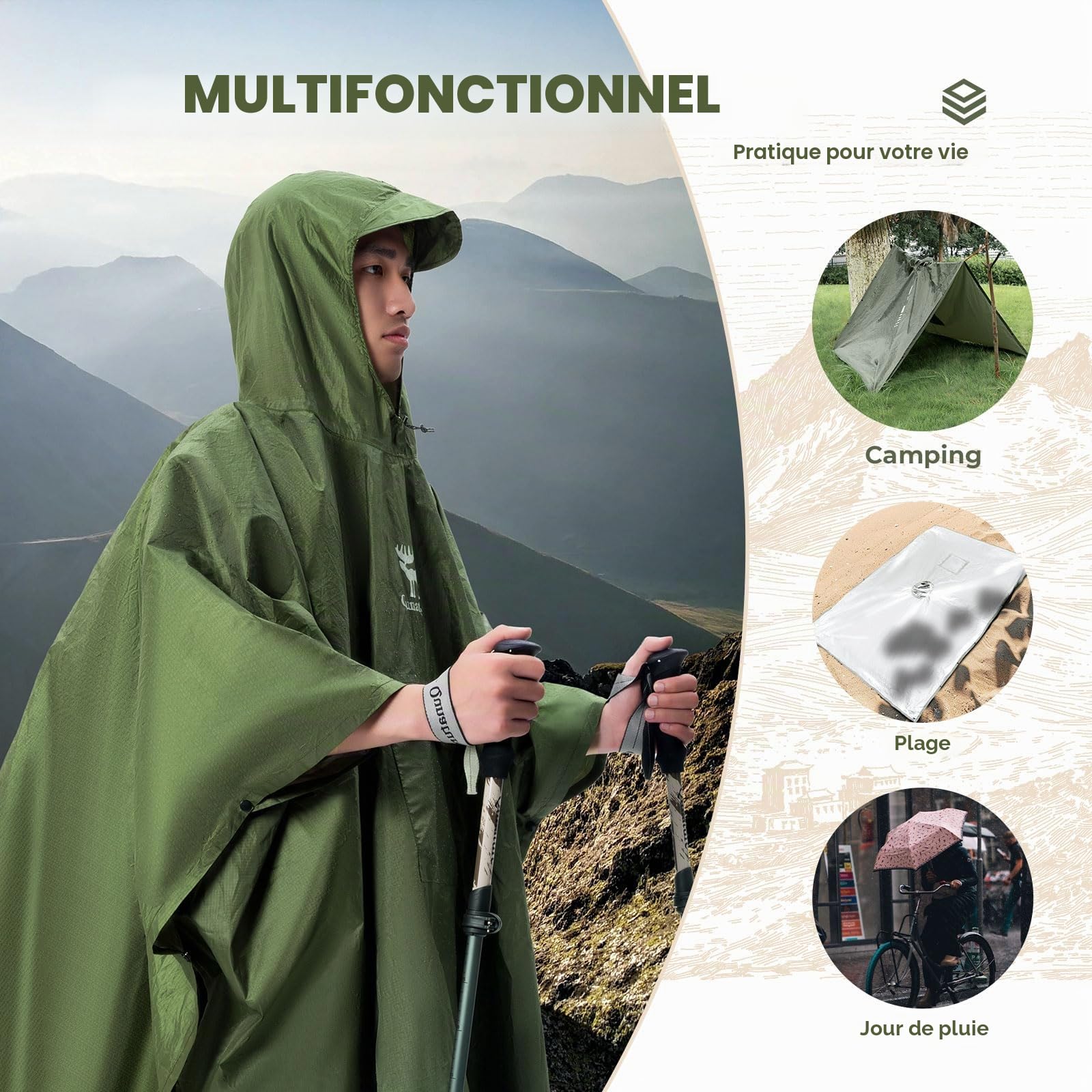 Poncho de Pluie 3 en 1 Léger Imperméable avec Capuche – Couverture Sac à Dos Multifonction Portable pour Homme et Femme Vélo Randonnée Camping Extérieur