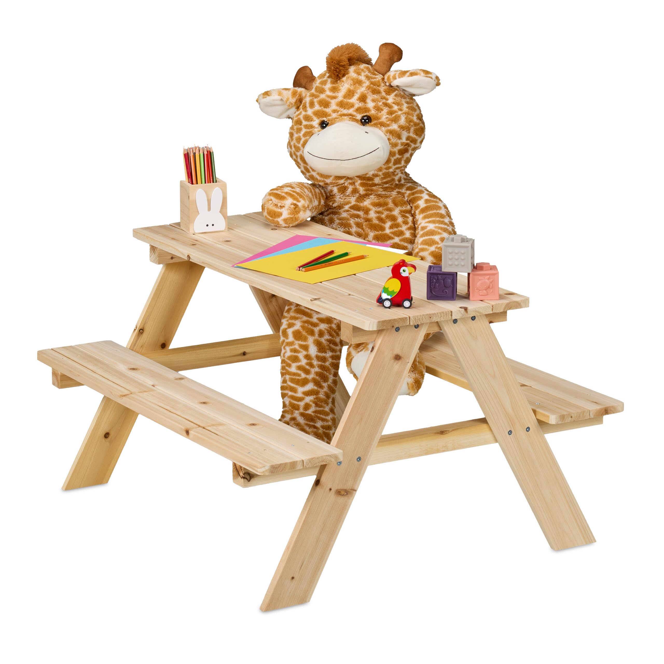 Relaxdays Mesa Pícnic Infantil, Banco Jardín Niños, 51 x 90 x 78 cm, para Jugar, para 4 Infantes, Madera, Natural