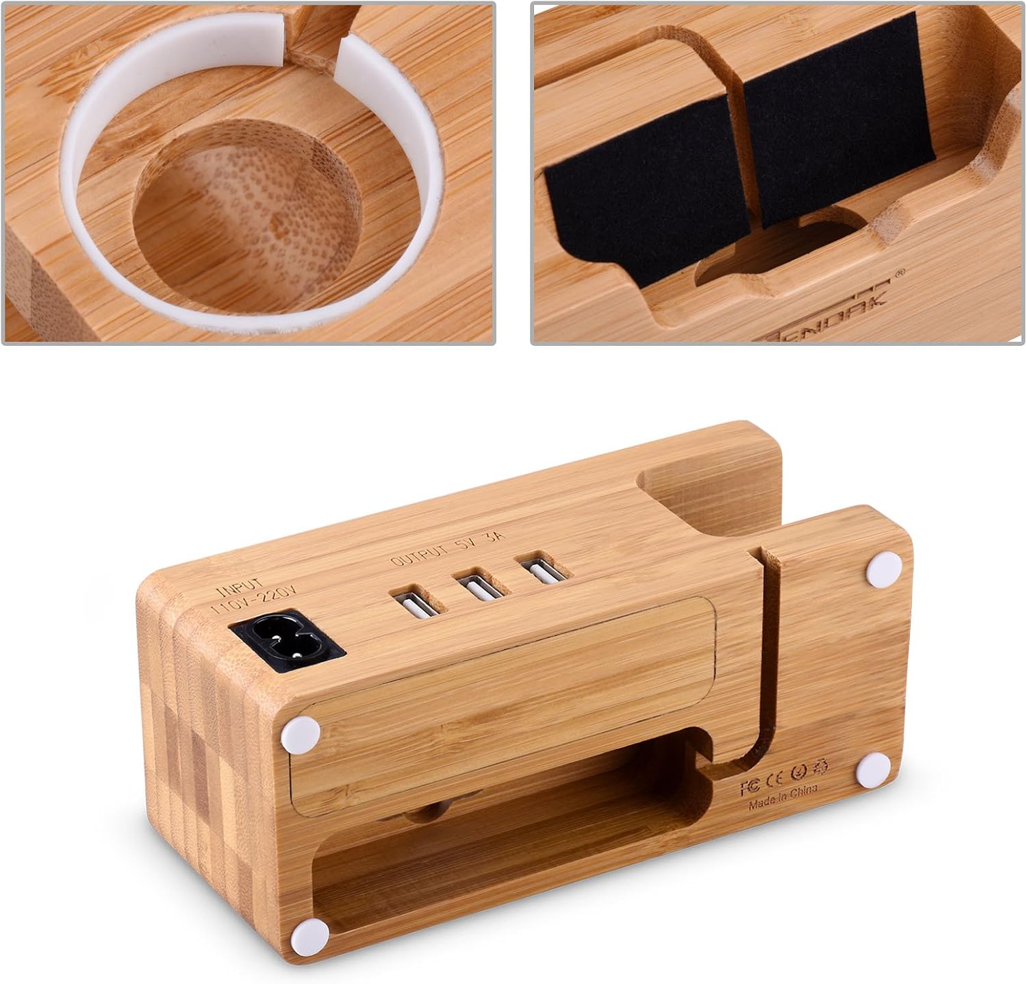USB Charging Stand - Tendak Phone Stand with 3 USB Port Bamboo Wood Charging Dock Station for 38mm and 42mm Apple Watch & iPhone 6 6 Plus 5S 5 7 7 Plus and Other Smartphone, AS-062-VC