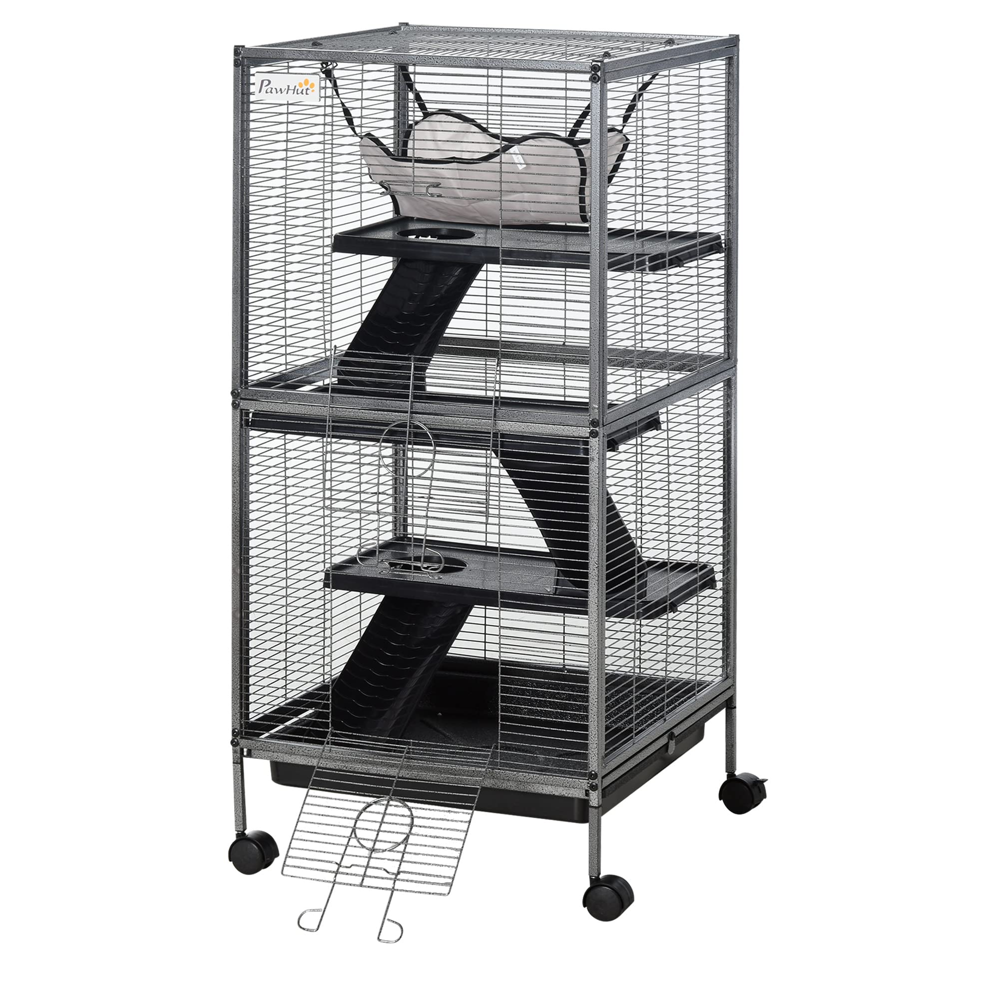 PawHut Jaula para Animales Pequeños de 4 Niveles Jaula para Roedores con Ruedas 2 Puertas 3 Rampas Hamaca Colgante y Bandeja Extraíble para Chinchillas 52x52x113,5 cm Gris Plateado