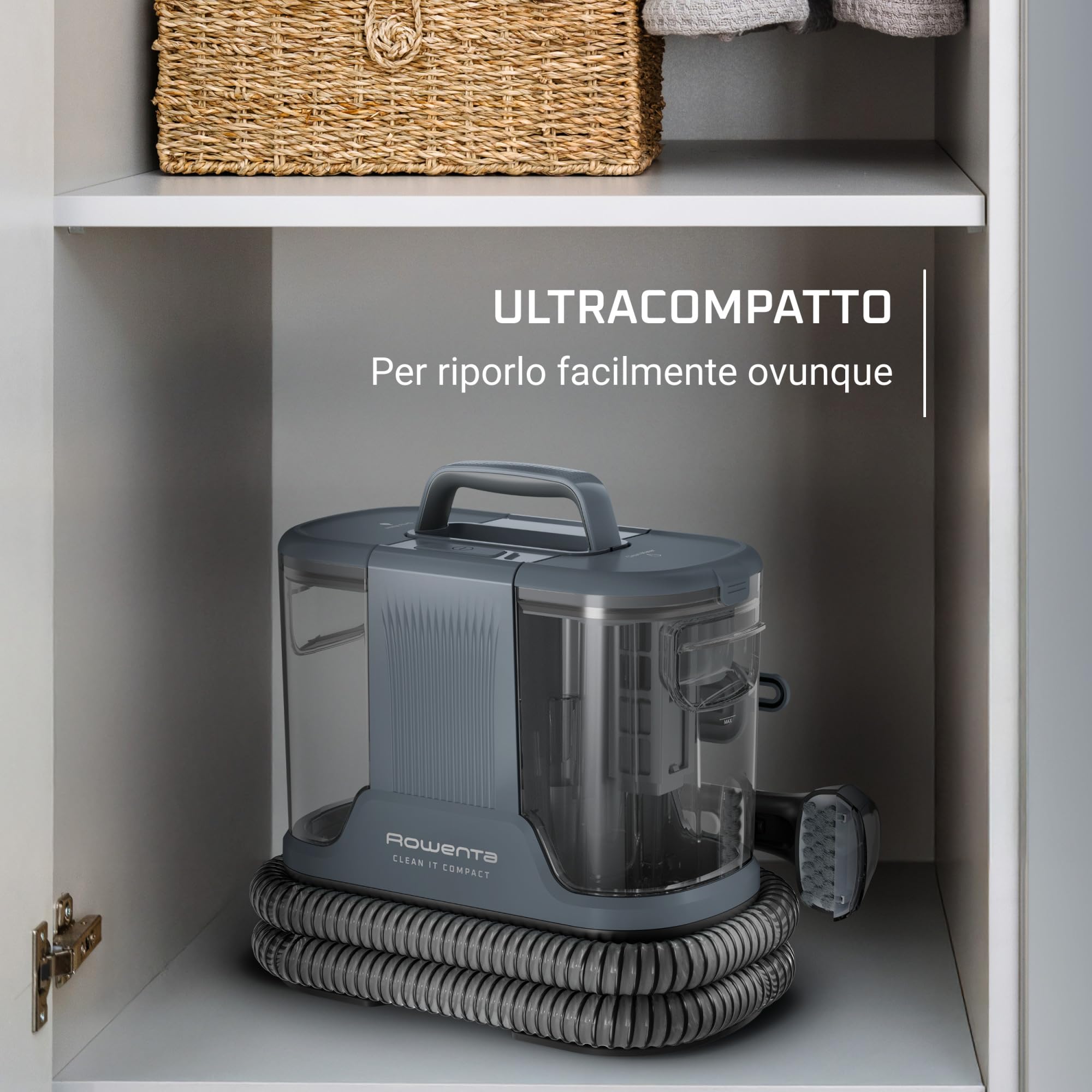 Rowenta Clean It, Smacchiatore Portatile, Auto-Pulizia e Lunga Autonomia, Design Compatto, con Soluzione Detergente Universale, IN3011