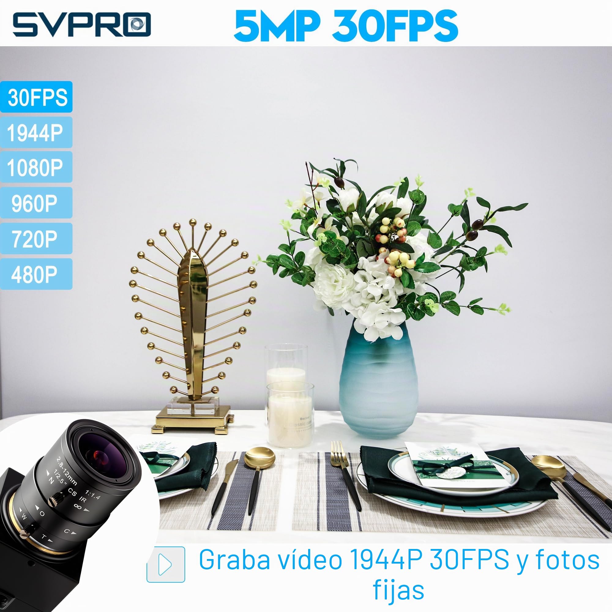 Svpro Cámara web USB 5 MP 30 fps objetivo zoom 2,8 – 12 mm IMX335 para monitoreo de máquina de baja luz, PC, portátil, UVC Plug-in Webcam para Windows, MacOS, Linux
