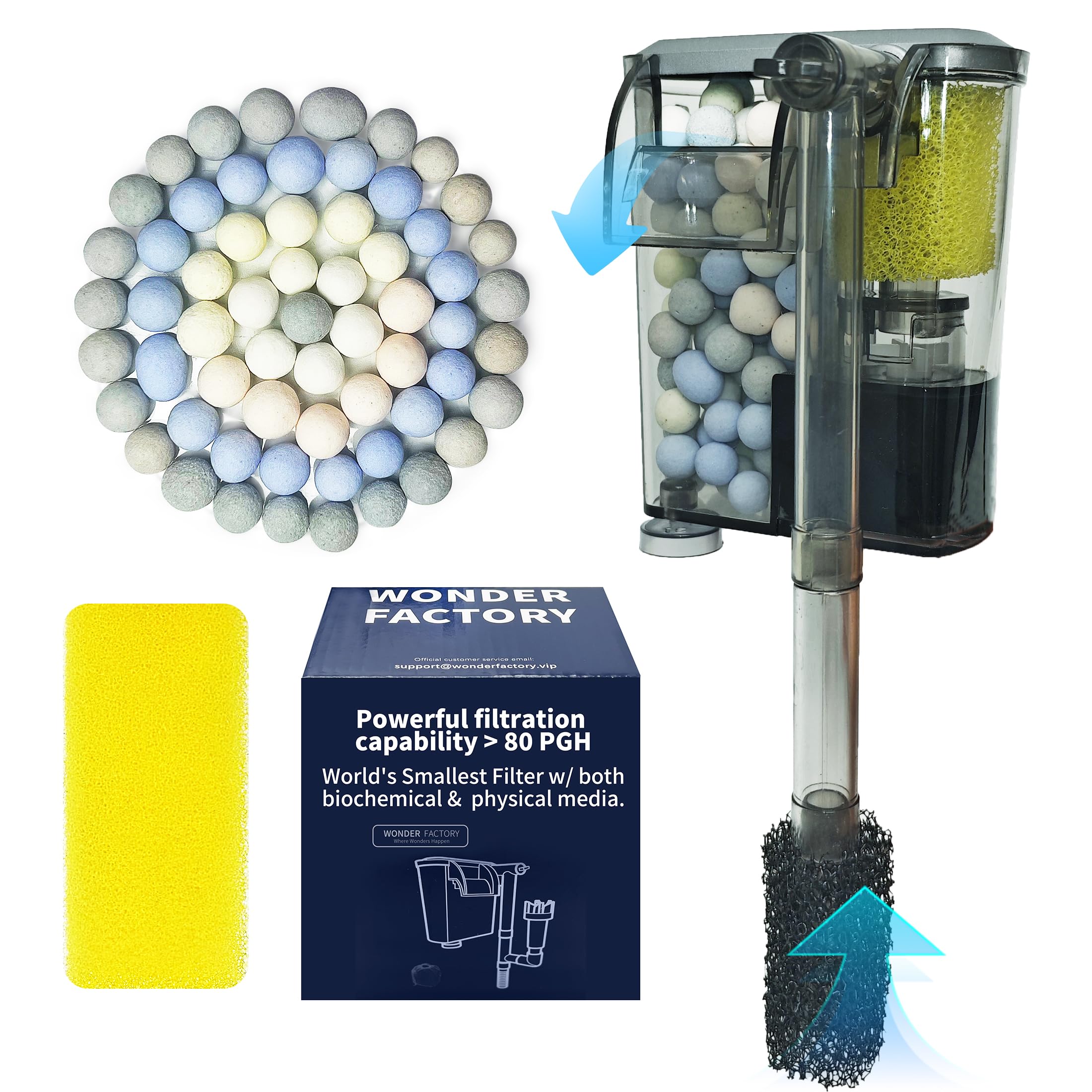 Wonderfactory 80 GPH Filter for 1 to 5 Gallon Fish Tank, Hang-On Back Ultra-Quiet Small Aquarium Filter Included Sponge Ceramic Media Filtration Aquariums Powerful Water Pump Biological Material