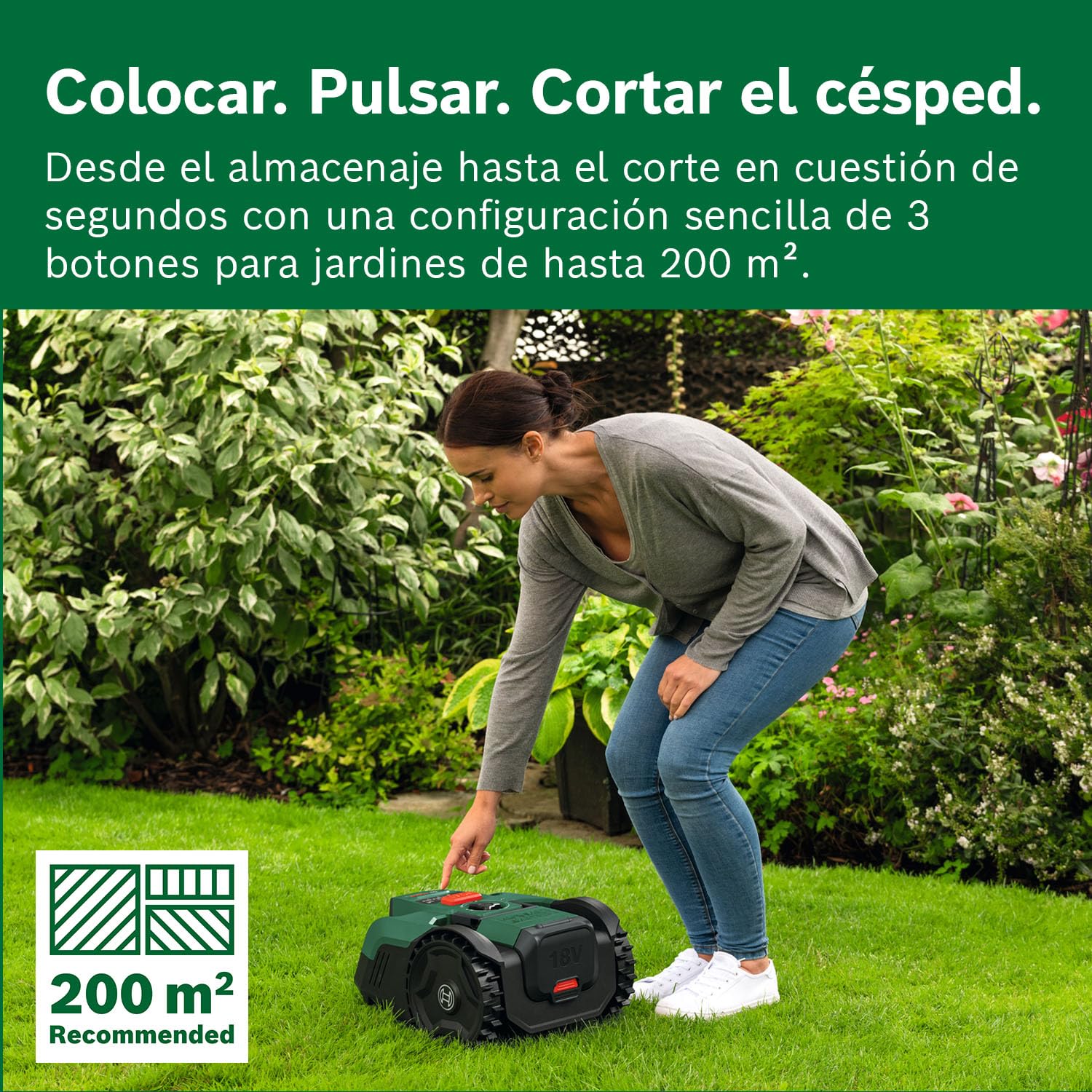 Robot cortacésped a batería VISIMOW18V-200 de Bosch (para superficies de césped de hasta 200 m², anchura de corte: 18 cm, altura de corte: 20-60 mm, sin batería)