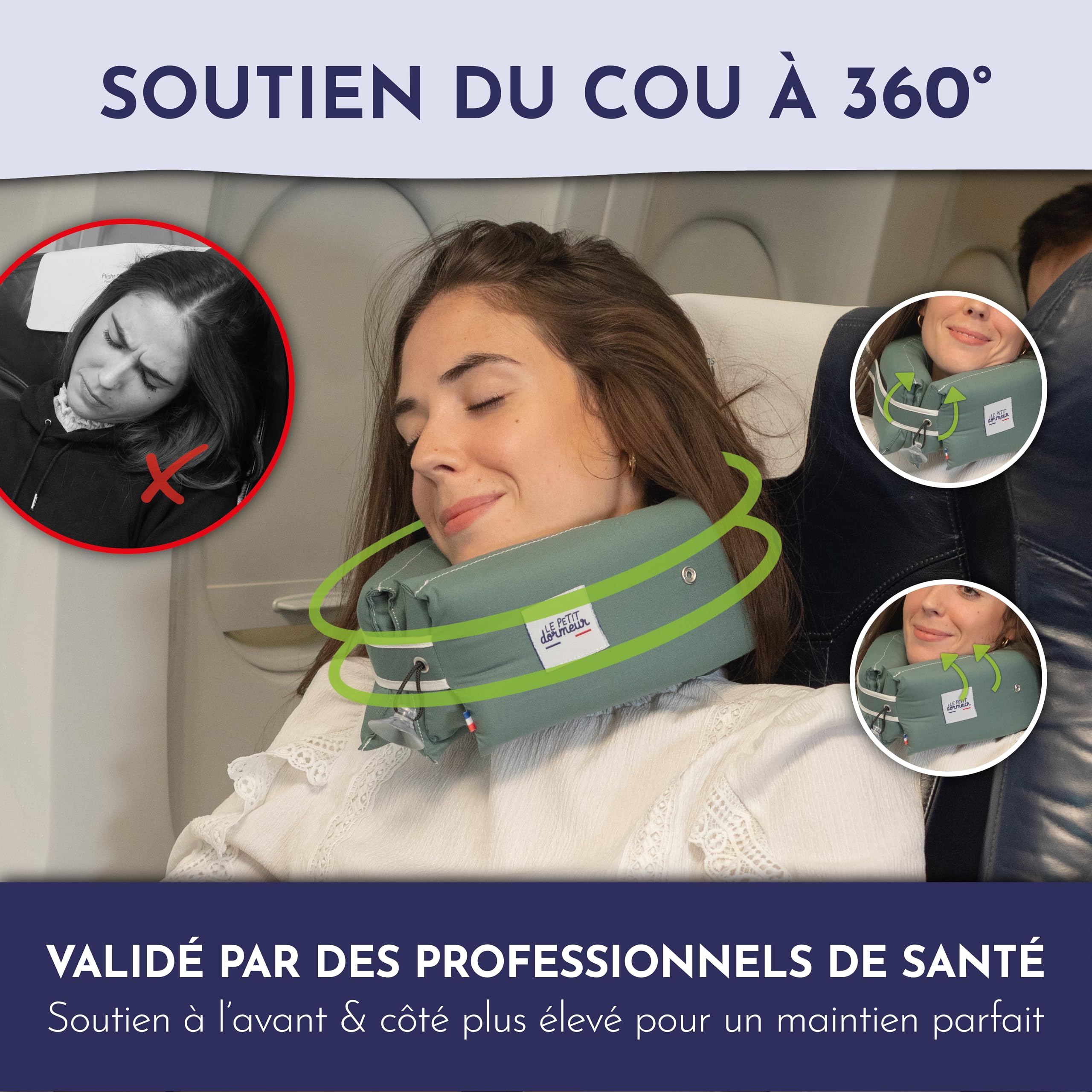Cuscino da viaggio 3 in 1, da viaggio Thym, ergonomico e leggero, ideale per viaggi in aereo, treno, auto, prodotto in Francia