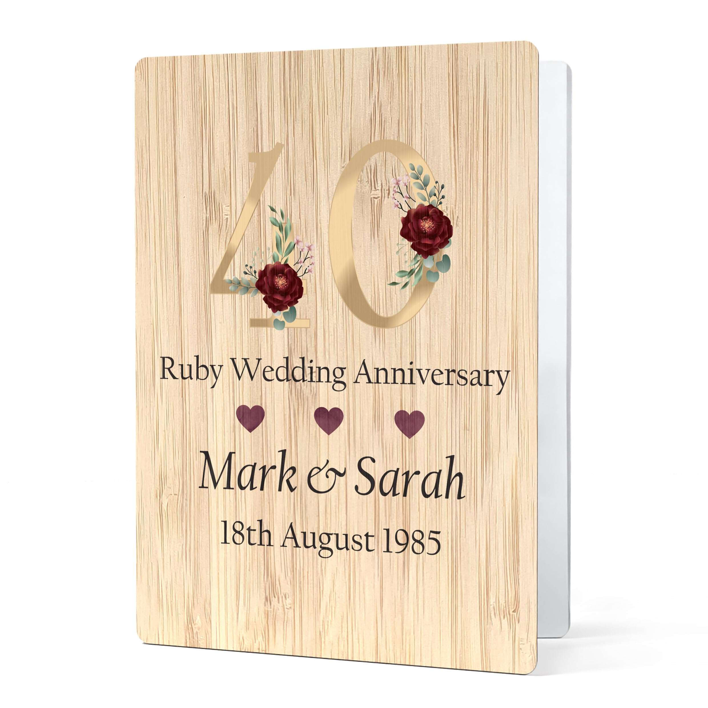 Beecreative Personalised 40th Wedding Anniversary Card For Parents - Ruby Wedding Anniversary Wooden Greetings Card With Envelope