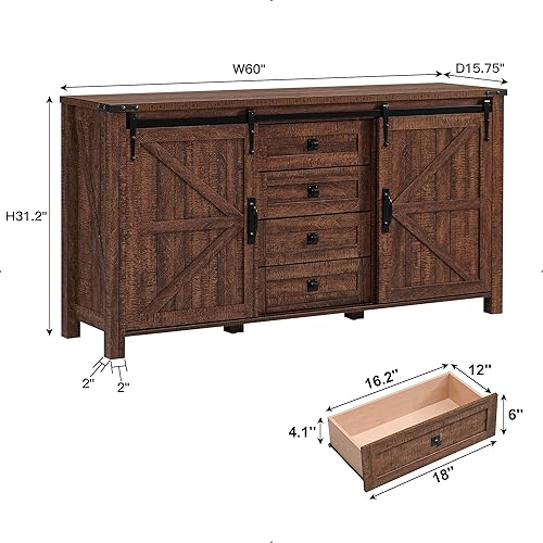Miniatura 2 de T4TREAM Cómoda de Granja de 60 pulgadas con 4 Cajones y Puertas Corredizas de Granero, Cómoda Alta con Cajones, Soporte de TV Rústico para Cómoda,