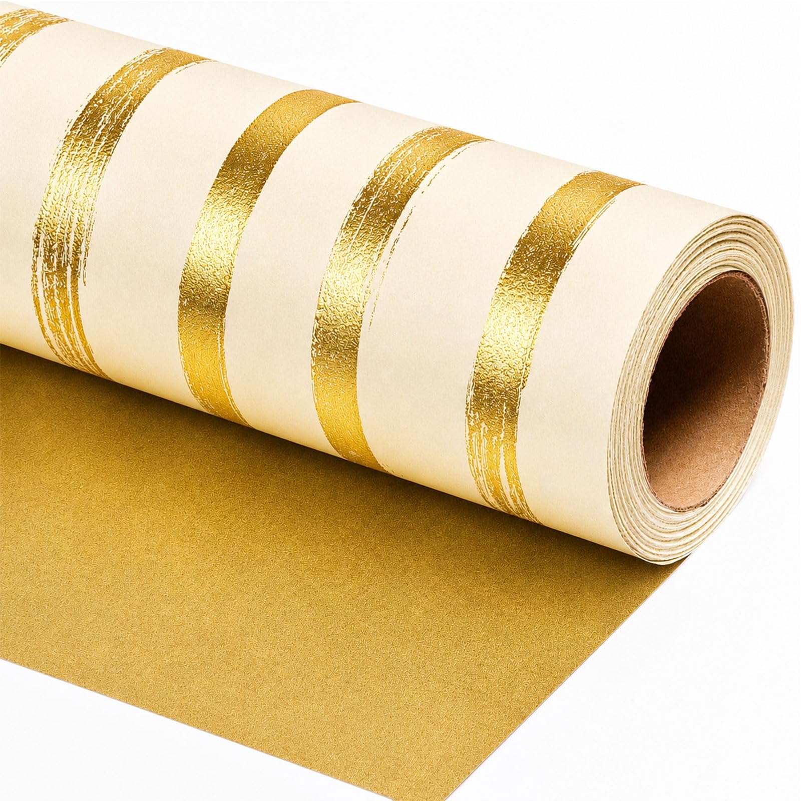 Burymento Gold Foil Stripes Wrapping Paper, Reversible Gold Gift Wrap for Birthday, Valentines, Mothers day, Graduation, Wedding, Fathers day, Baby Shower, Christmas (17in x 16.4ft)