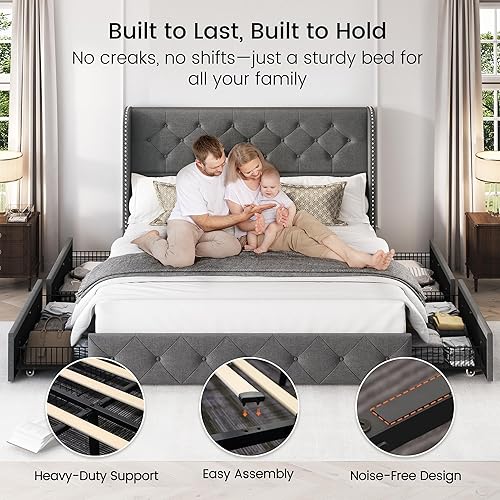 Miniatura 42 de LARMACE - Marco de cama tamaño King con 4 cajones de almacenamiento y cabecera tapizada con botones, cama de plataforma tapizada en lino con