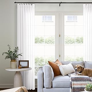 White Pinch Pleated Linen Curtains 96 Inches Long for Living Room Bedroom Cotton Neutral Light Filtering Semi Sheer 96 Inch Curtains Ceiling Floor Custom Made Pinch Pleat Drape with Hooks Rings 8FT - Buy now
