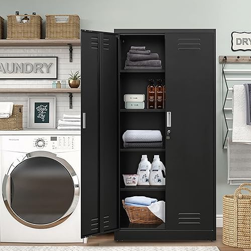 Miniatura 30 de Armario de almacenamiento de metal con puertas con cerradura y 2 estantes ajustables, gabinetes de metal de 71 pulgadas de alto, armarios de garaje,