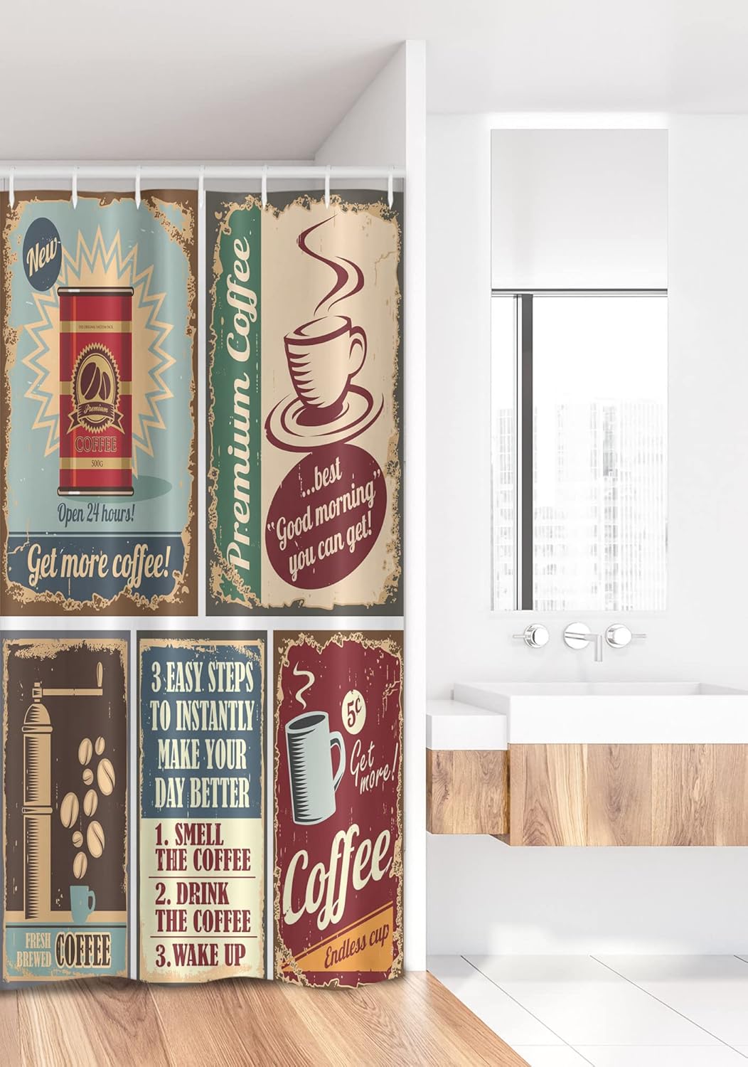 Ambesonne 1950s Stall Shower Curtain, Coffee Posters and Signs Design Bean Cup Espresso Mug Cappuccino Logo Print, Fabric Bathroom Decor Set with Hooks, 36" W x 72" L, Red Blue