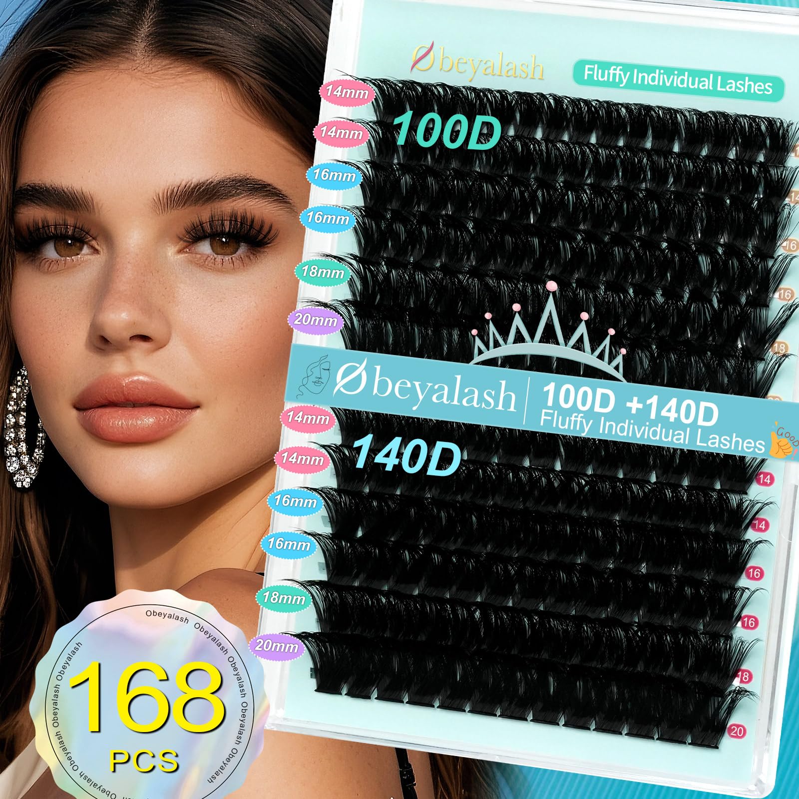 Thick Cluster Lashes D Curl 100D+140D 168pcs Volume Eyelash Individuals 14-20mm Fluffy Individual Lashes DIY Eyelash Extensions by Obeyalash (100D+140D D Curl 14-20mm) - Image 2
