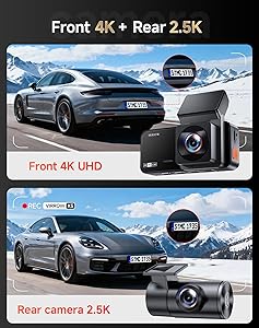 VIRROW Dash Cam Front and Rear: 4K+2.5K Dash Camera for Cars with Touch Screen 3.39" - Dashcam with WiFi APP Control 64GB Parking Mode Night Vision Loop Recording Emergency Lock (X5)