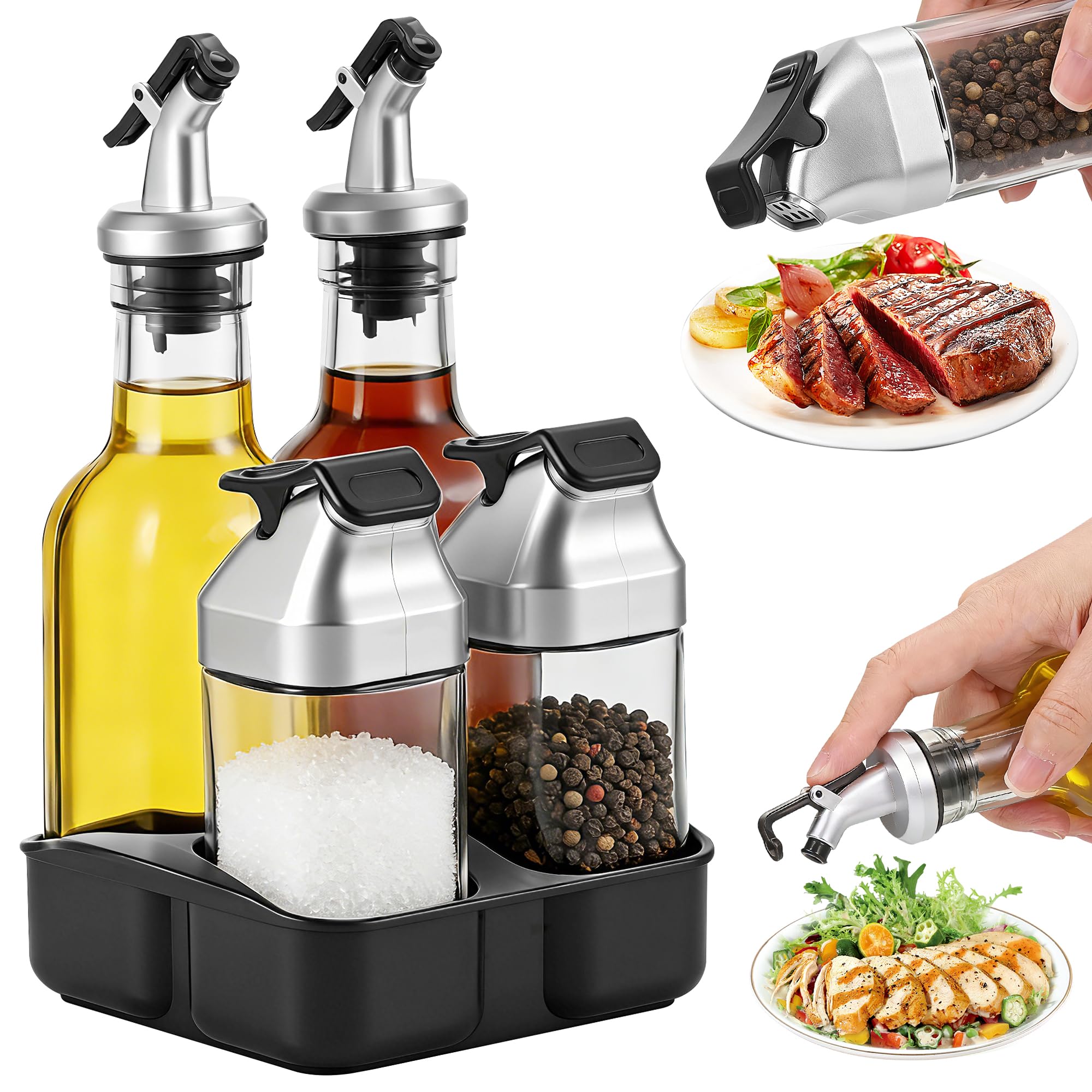 Zourglow 5-Piece Salt and Pepper Shakers Sets & Olive Oil Dispenser Bottle with Pour Spouts, 2x 90ml Salt Shaker, 2x 175ml Lead-Free Glass Oil & Vinegar Bottles for Kitchen, Cooking & BBQ, With Tray