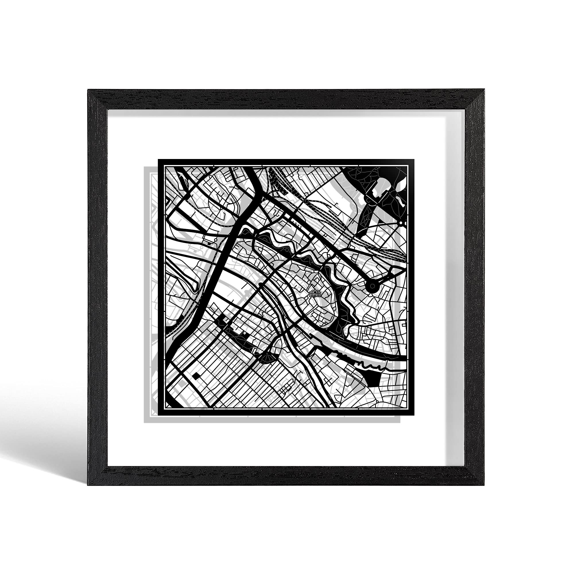 O3 DESIGN STUDIO Bremen Paper Cut Map framed, Black map, Black frame, 23x23 cm, Gift Boxed, 2 background color, self-changing, Paper Art