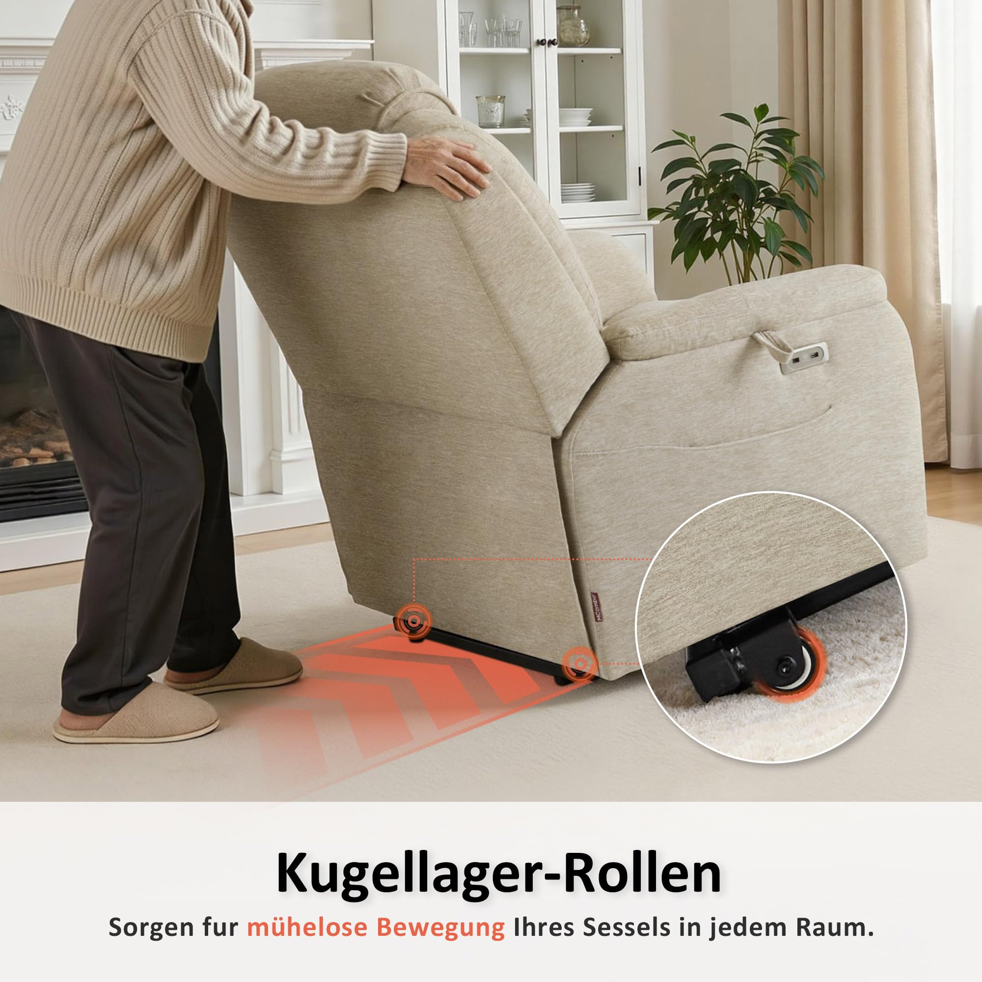 M MCombo Fernsehsessel mit Aufstehhilfe Elektrisch, 2 Rollen für Mobilität, Massage & Heizung, Verstellbare Kopfstütze, Sessel mit Aufstehhilfe 35D Vollschaum-Sitzkissen 7269 (Beige-Stoff)