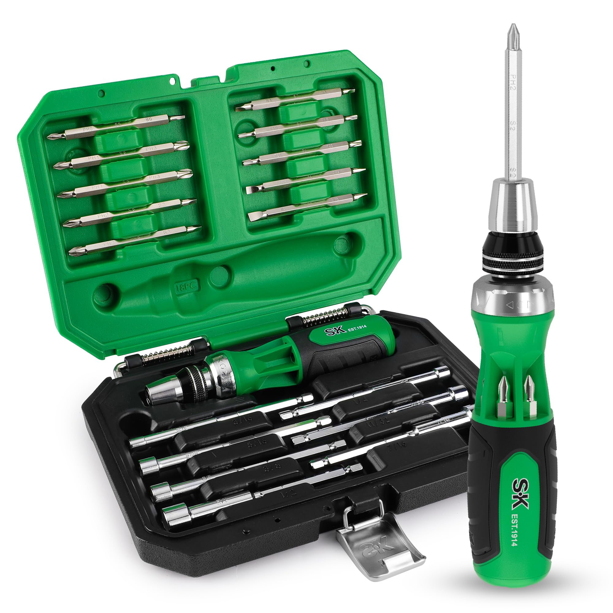 SK 22-in-1 Ratcheting Screwdriver with Nut Drivers, 216-P Multi-bit Screwdriver, Phillips, Slotted, Star, Square Bits Stored in Handle, Organized in Storage Toolbox