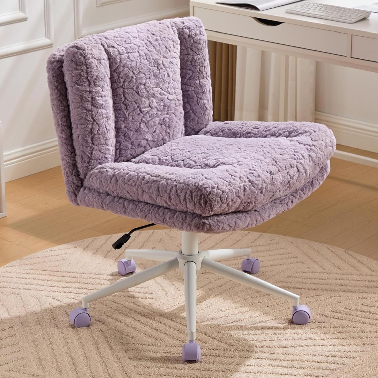Purple Criss Cross Desk Chair with Wheels, Swivel Vanity Chair & Wide Armless Office Chairs with Adjustable Height, Cross Legged Chairs for Bedroom, Sherpa Artificial Rabbit Hair, Makeup Room