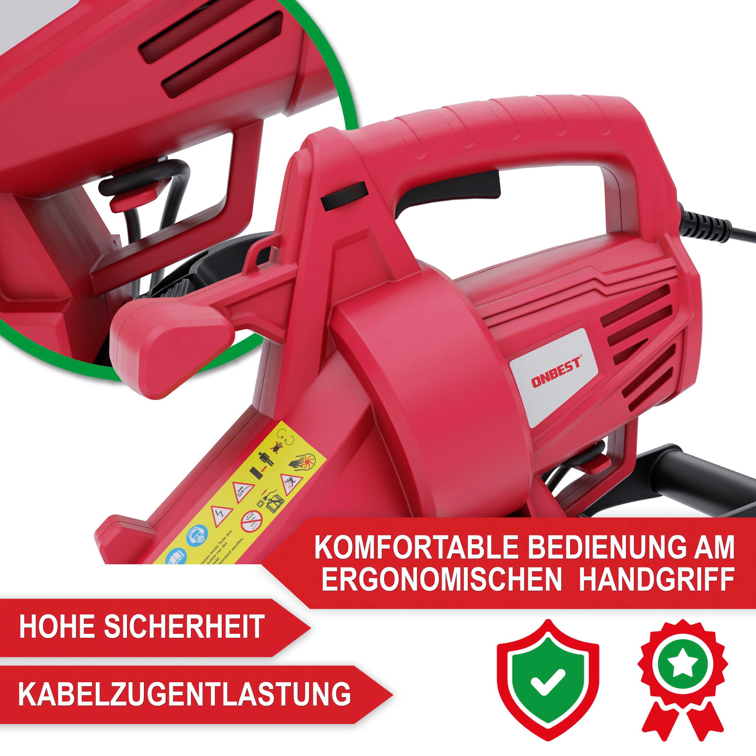 ONBEST 3 in 1 Elektro Laubbläser – Gebläse, Sauger & Häcksler – 3200 Watt Elektro Motor – elektrischer Laubsauger mit Metall Häckselrad – inkl. Tragegurt – Laubgebläse, Laubsauger Elektro für Laub