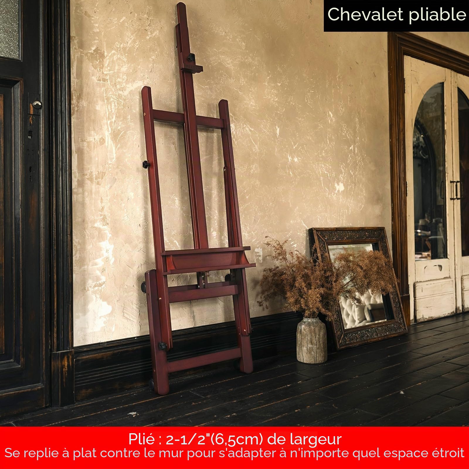 MEEDEN Grand Chevalet Bois en H: Chevalet Peinture Réglable de 190cm à 370cm avec 4 Roues Tenir la Toile jusqu'à 236cm - Stand de Dessin Pliable avec Rangement