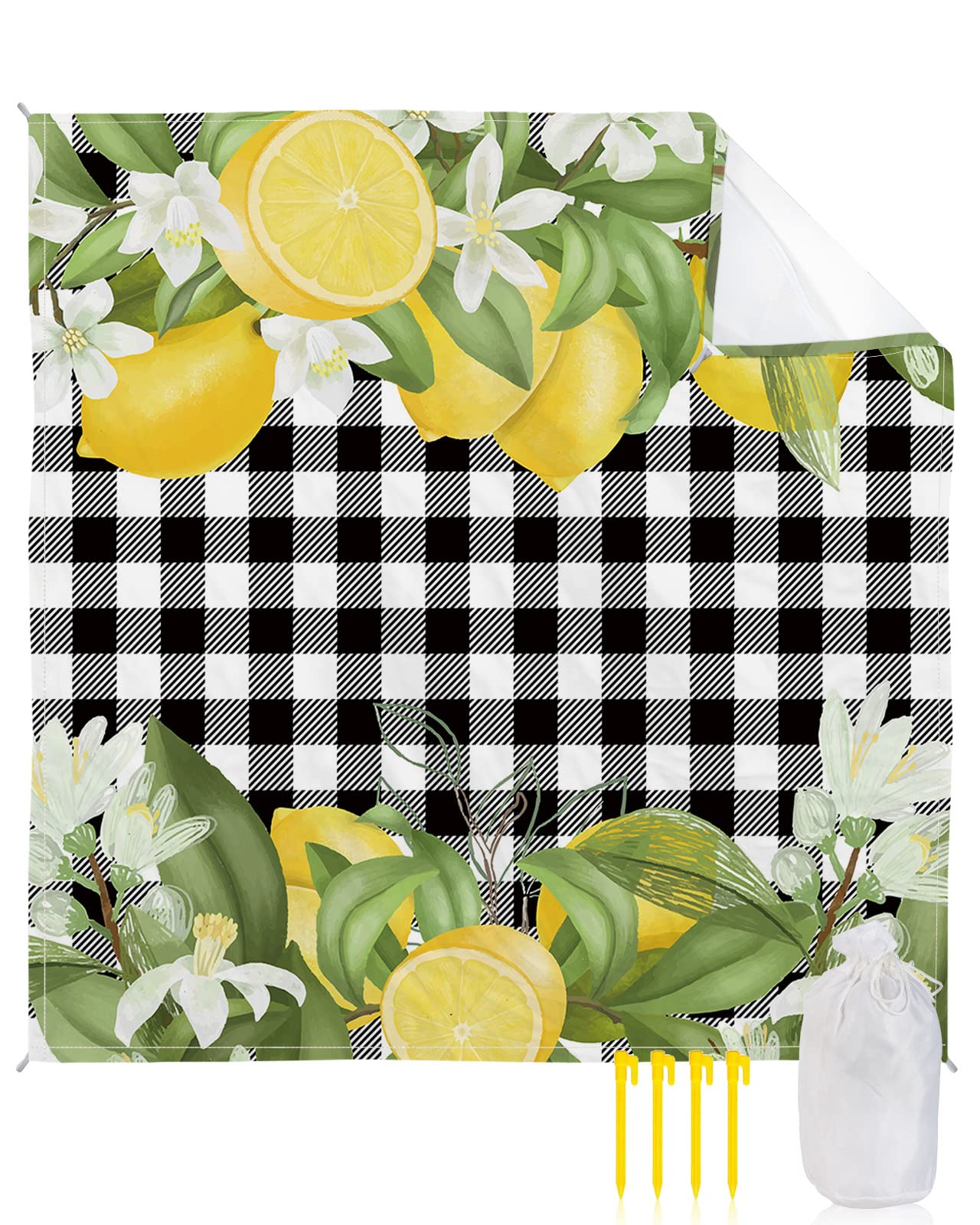 MonrodaBeach Blankets 83x79inch, Lemon Lightweight Waterproof Sandproof Beach Blanket Large Picnic Mat with 4 Stakes for Camping Travel, Summer Yellow Fruit Lemos White Flowers with Black Plaid