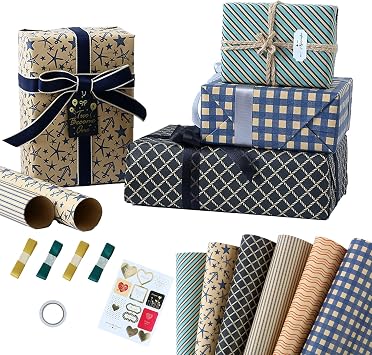 LKCCTK Wrapping Paper, Wrapping Paper Set, Packaging, Folding, Tear-Resistant, Checkered Pattern, Stripe, Black Gold, Classic Style, Stylish, Gift Wrapping, Christmas, Celebration, Birthday, Wrapping