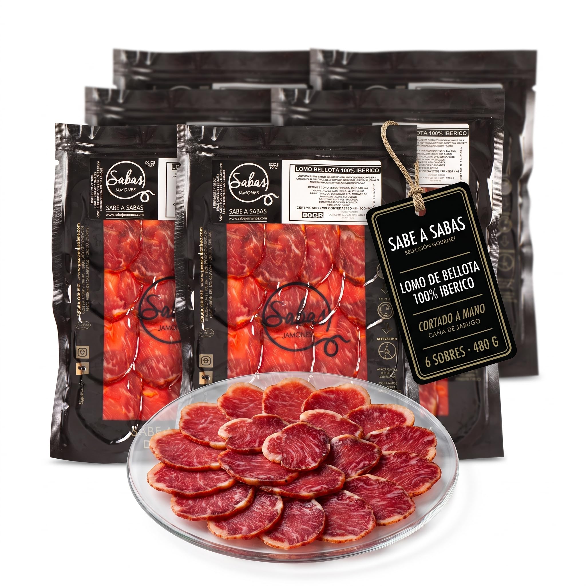 SABE A SABAS Lomo Bellota 100% Iberico Cortado a Mano Caña de Lomo de Jabugo Loncheado 6 Sobres de 80g lomo Iberico 100% curacion natural Tabla Aperitivo Picoteo Regalo Gourmet lo mejor de la Dehesa