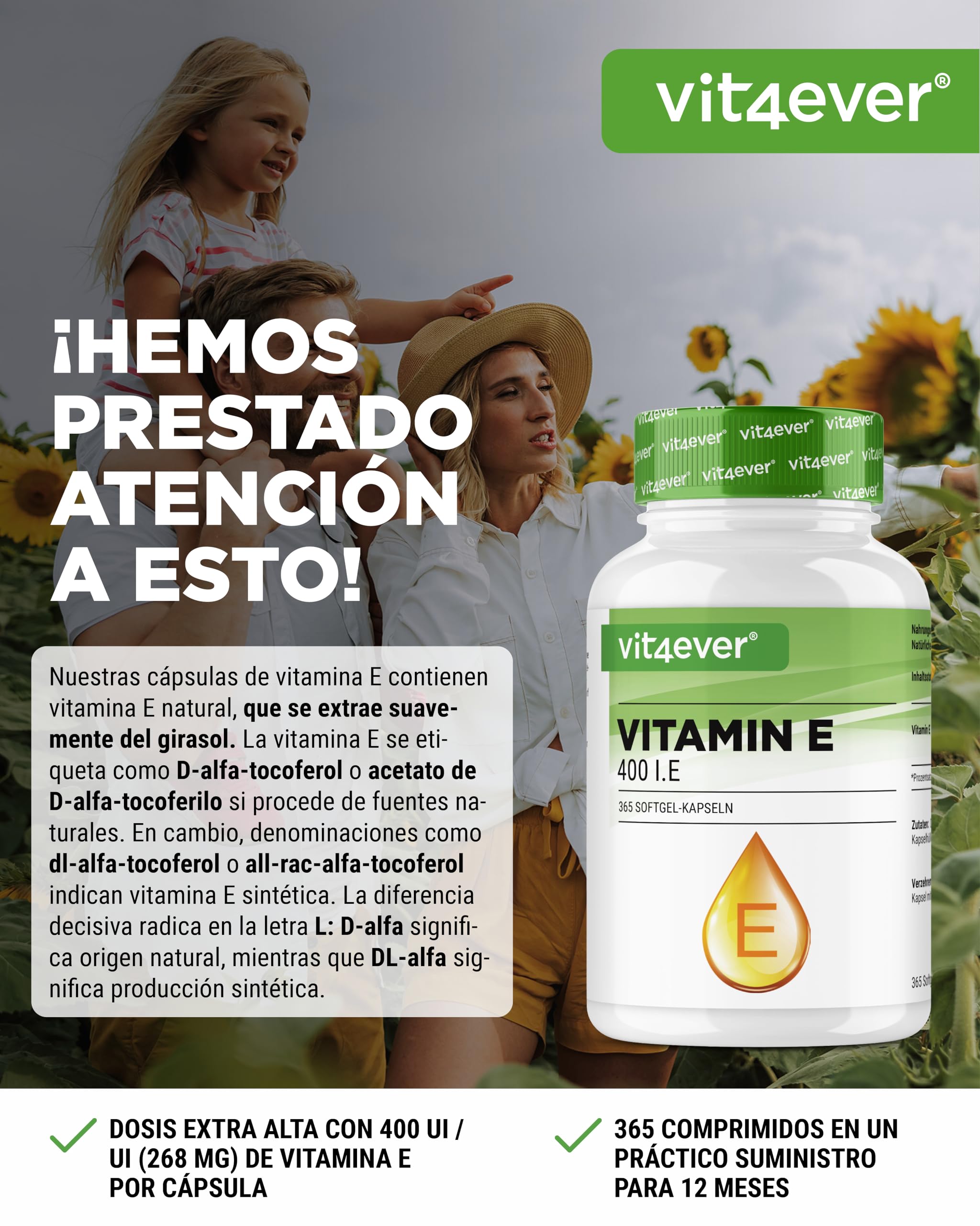 Vitamina E 400 U.I. natural - 365 cápsulas blandas - premium: vitamina E natural de girasol - suministro para 12 meses - dosis alta
