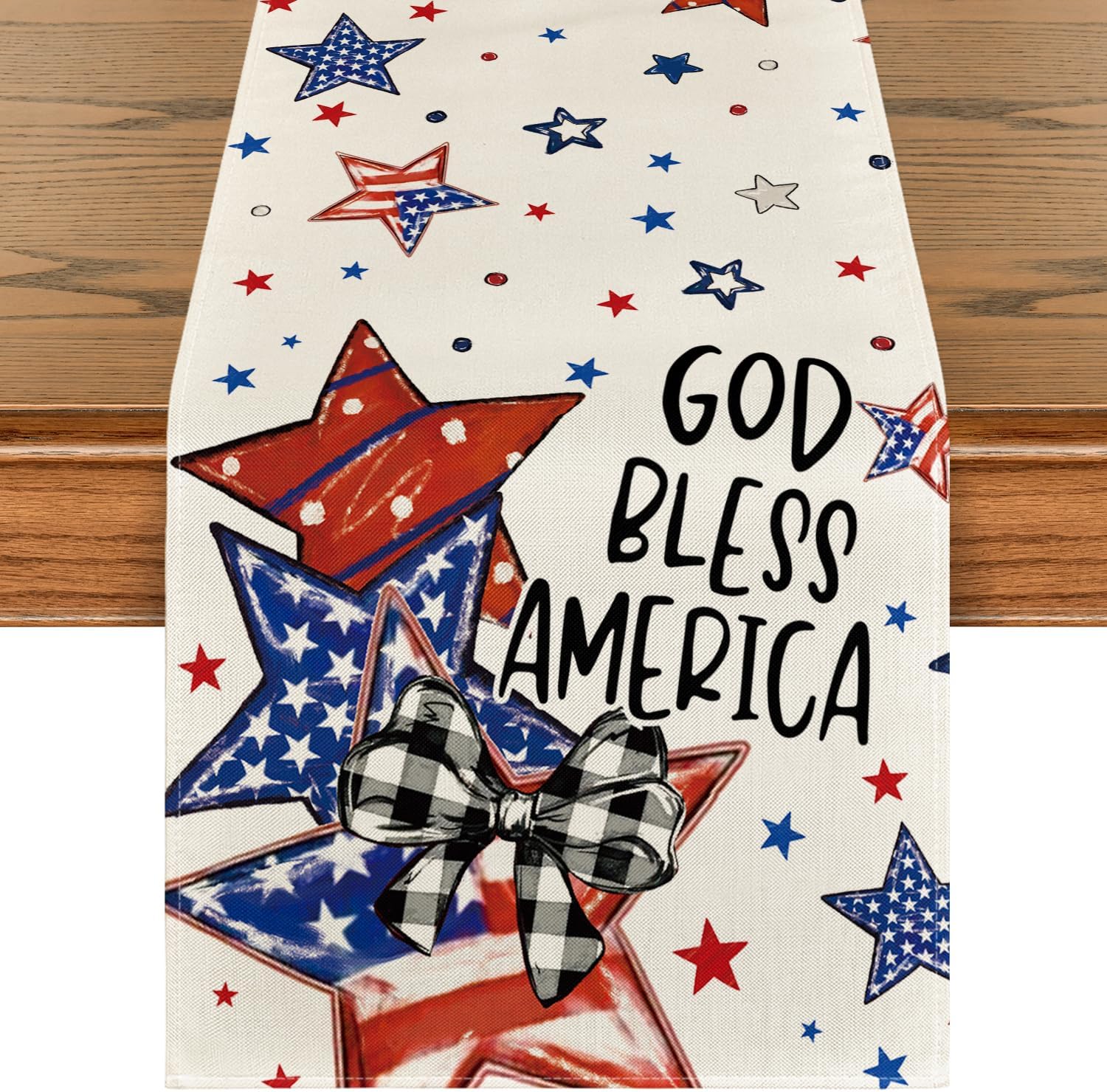 Artoid Mode God Bless America Stars Patriotic 4th of July Table Runner, Memorial Day Kitchen Dining Table Decoration for Home Party Decor 13x72 Inch 13" x 72", Table Runner Beige