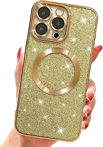 Jefonha Funda magnética con purpurina para iPhone 14 Pro de 6.1 pulgadas, compatible con Magsafe, bonita funda de lujo chapada en brillo, protector