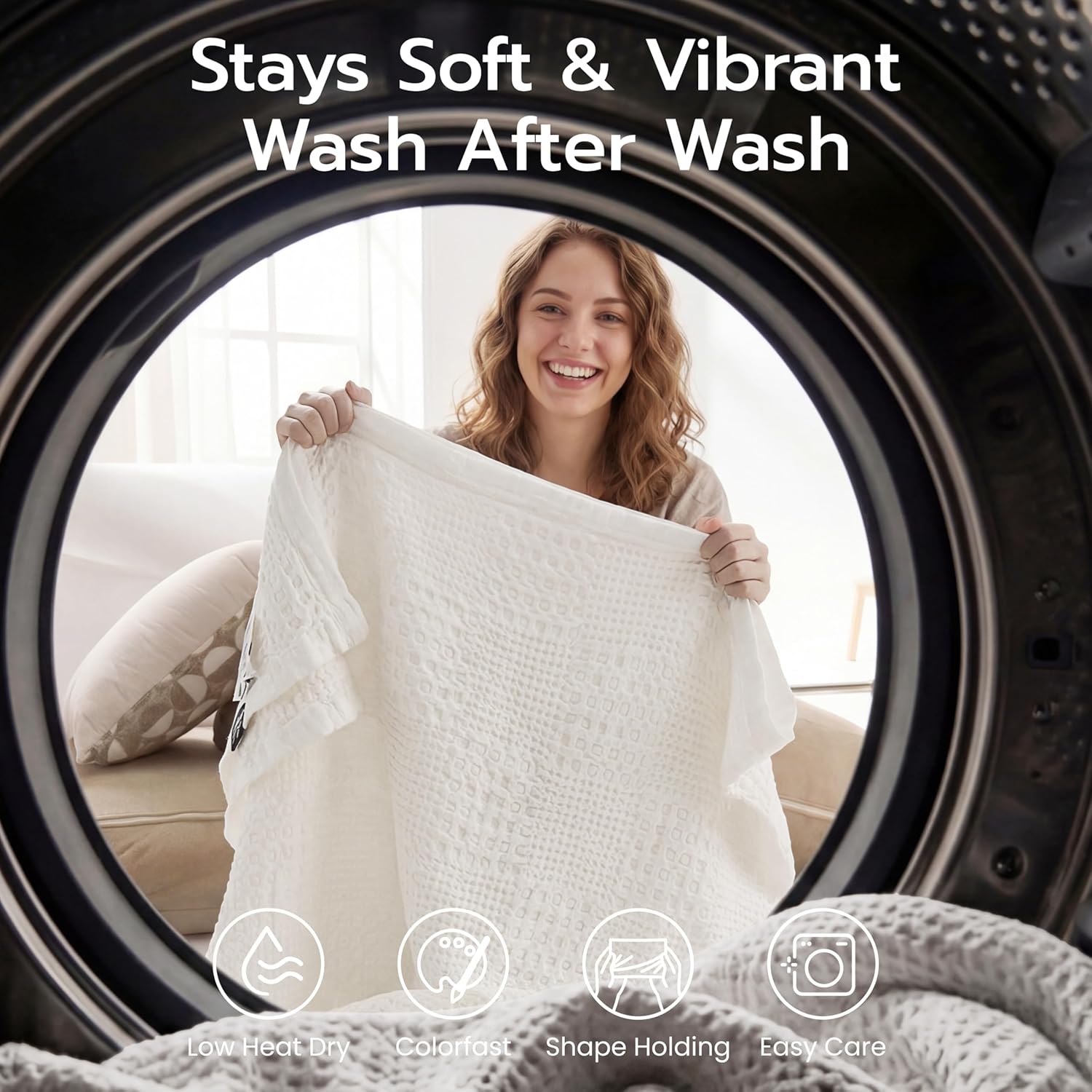 Joiedomi Cooling Waffle Blanket - Turkish Cotton Queen Size Soft White Blanket, Summer Breathable of Rayon Derived from Bamboo for Hot Sleepers, Luxuries Throw for Bed, Couch and Sofa, 90x90 Inches - Image 5