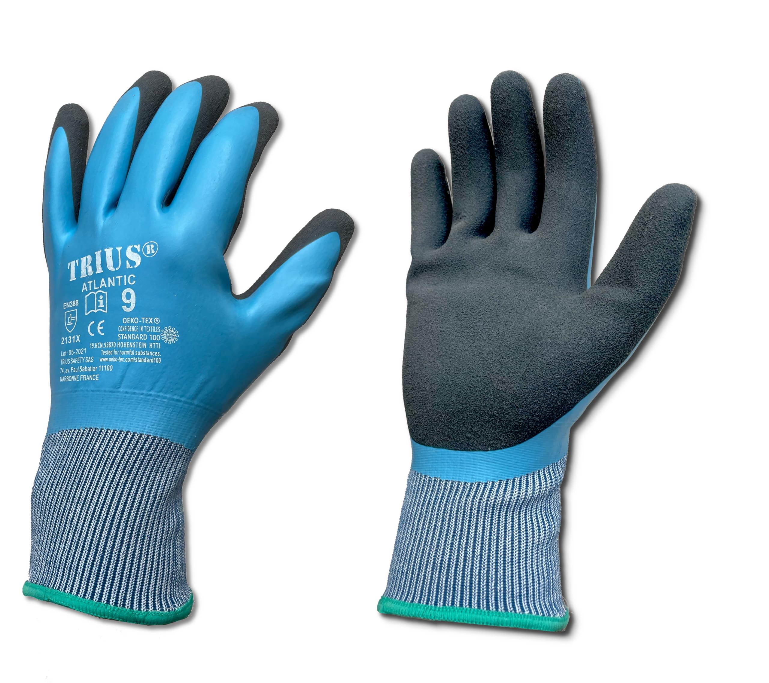 TRIUS ATLANTIC - 10 paia di guanti protettivi impermeabili all'acqua e agli oli, doppio rivestimento in lattice per una presa perfetta, ideale per costruzione, manutenzione, cantiere, taglia 11/XXL