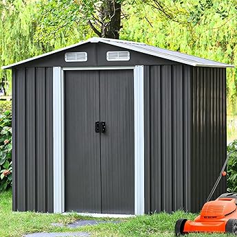 4ever2buy,8x4 FT Outdoor Storage Shed,Metal Sheds & Outdoor Storage with Sliding Doors,Steel Garden Shed Outdoor Utility Tool Shed with Pent Roof for Backyard Patio Lawn,Gray,8x4 shed