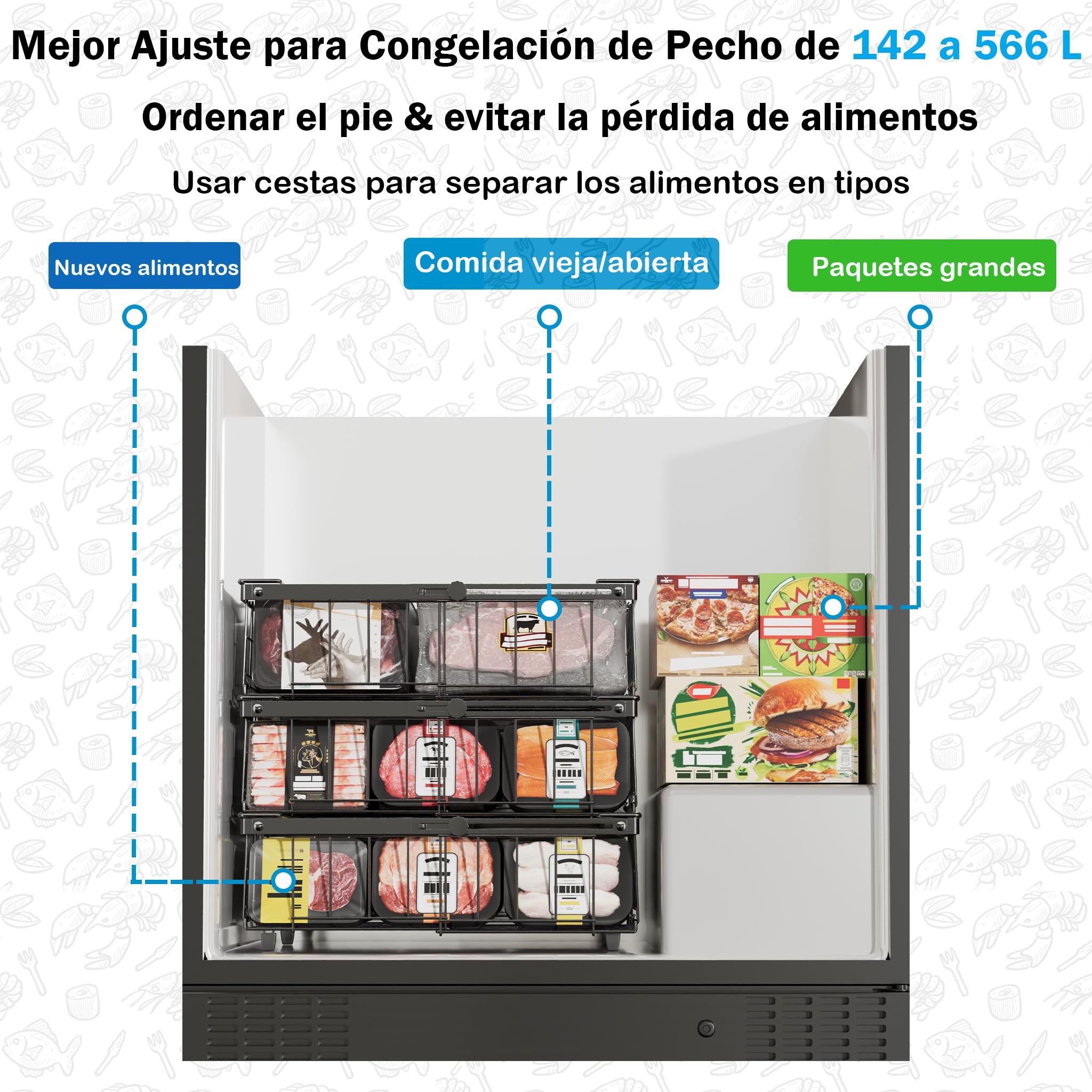 2 Piezas Organizador de Congelador, Metal Organizador Arcon Congelador Apilable Extensible para 140-570L Congeladores, Cesta Cajon con Asas Plegables y Fondo Antideslizante