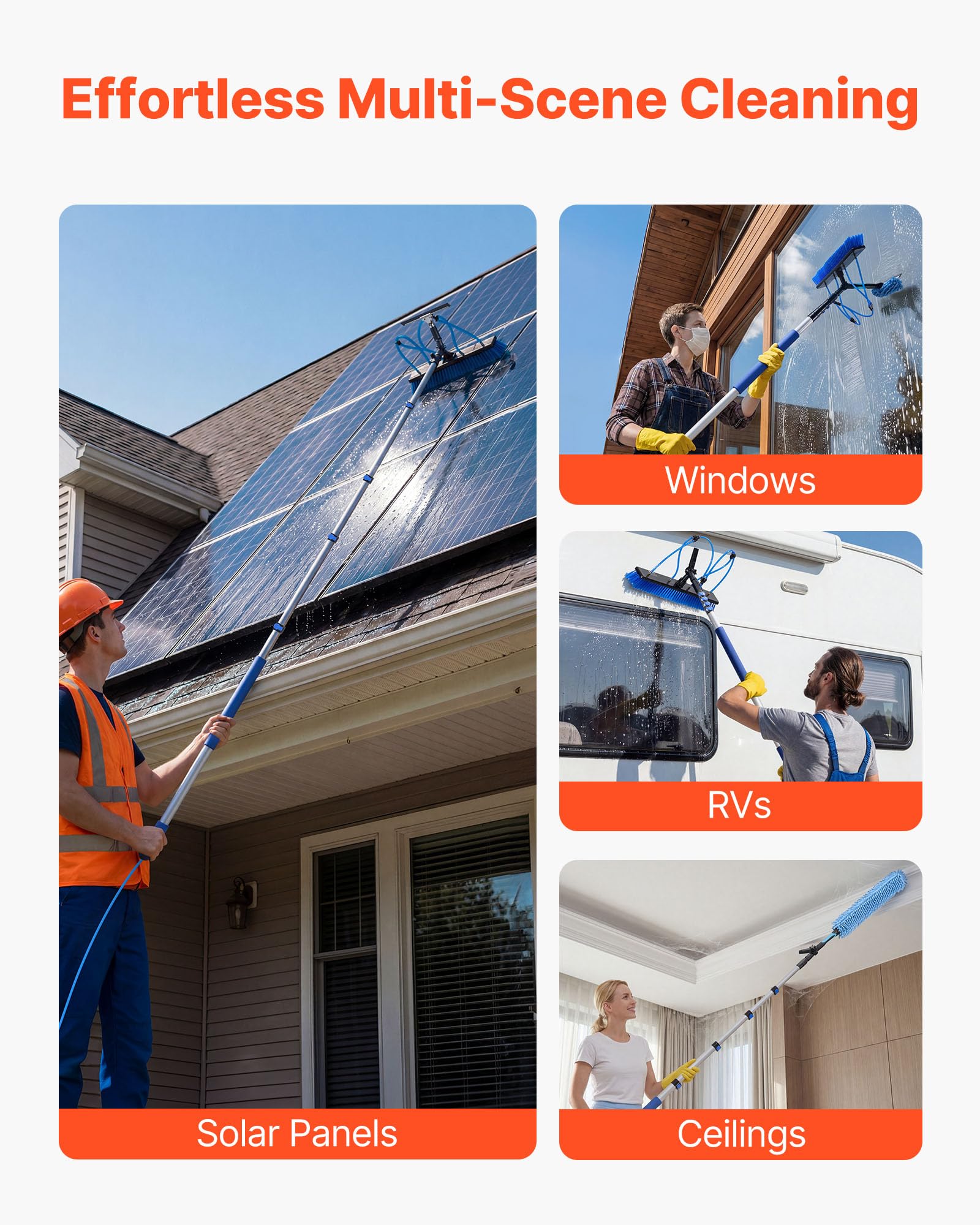 VEVOR Kit de Limpieza de Paneles Solares con Pértiga Telescópica 4,6 m, Suministro de Agua, Escobilla de Goma, Cabezal Giratorio 180°, Kit de Cepillo de Limpieza para Paneles Solares con Manguera 20 m