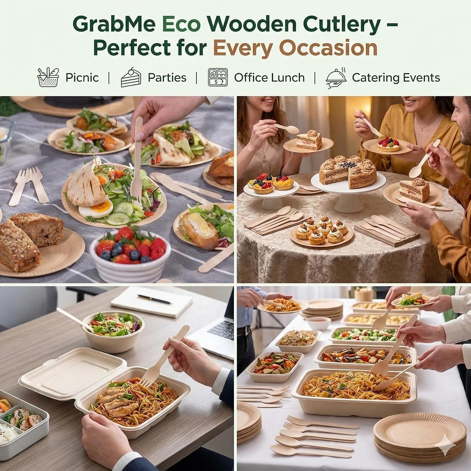 100% Compostable Wooden Cutlery Set – 300 Pieces (100 Forks, 100 Knives, 100 Spoons). Eco-friendly disposable utensils for parties, catering, picnics, travel, and daily use. Durable plastic-free image 2