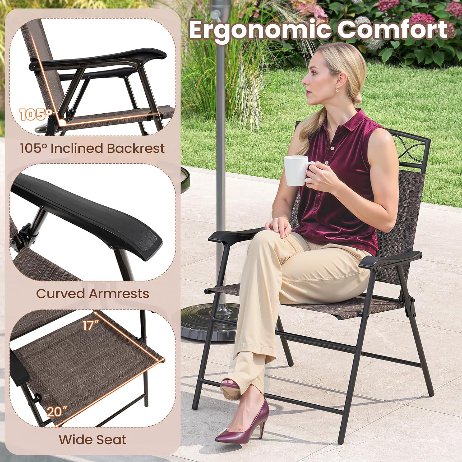 Tangkula Folding Chairs for Outside Set of 4, Portable Outdoor Dining Chairs with Armrests and Metal Frame, Outdoor Patio Chairs for Lawn, Porch and Garden, No Assembly (Brown)