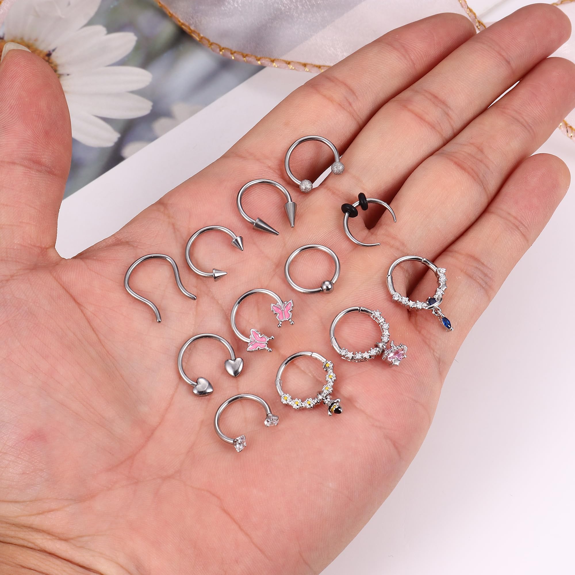 ADRAMATA 20 PCS 16G Septum Piercing Acciaio Chirurgico Piercing Naso Cerchio Naso Anelli Cerchio Set CZ Nostril Piercing Trago Cartilagine Helix Piercing Orecchino Piercing Septum Gioielli