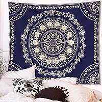 Vista 2 de Lifeel - Tapiz bohemio azul para colgar en la pared, tapiz hippie de mandala, medallón floral con diseño de corona estética blanca, manta decorativa