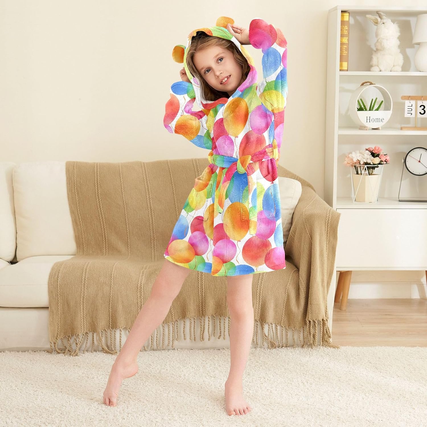 Colorful Balloon Pattern Toddler Hooded Bathrobe for Boys Girls Soft Plush Bath Towel Robe 2-12 Years