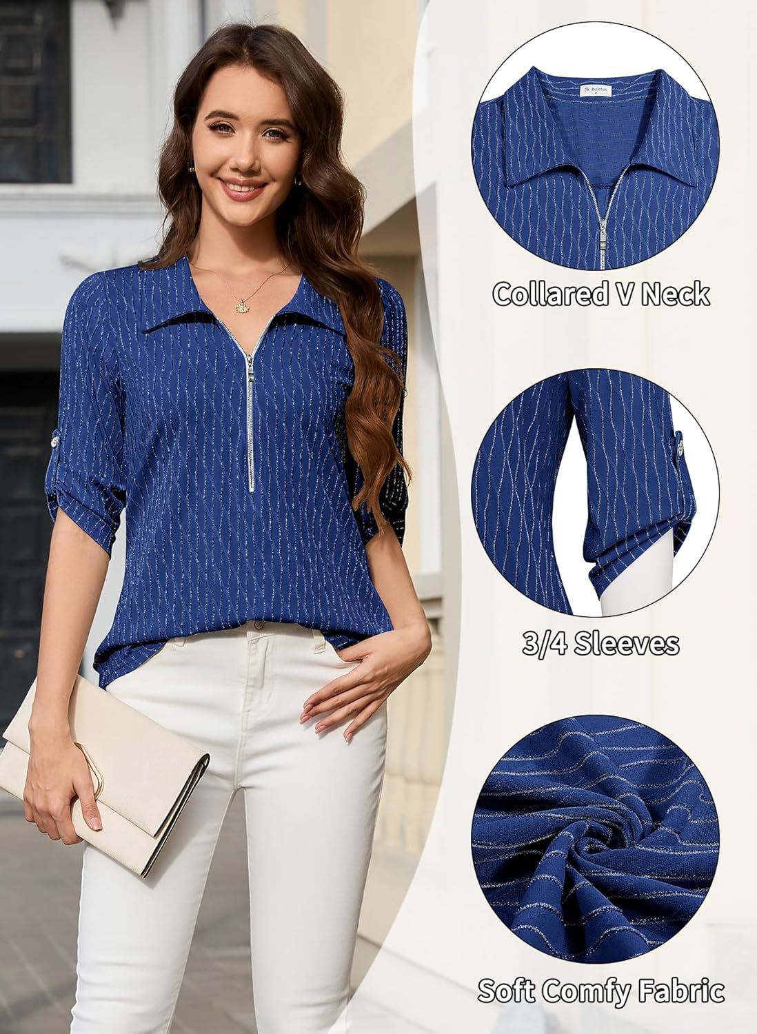 Bulotus Womens 3/4 Sleeve Tops Dressy Casual Shirts Work Business Zipper Blouses Collared Long Tunic 2026 Spring Summer - Image 5