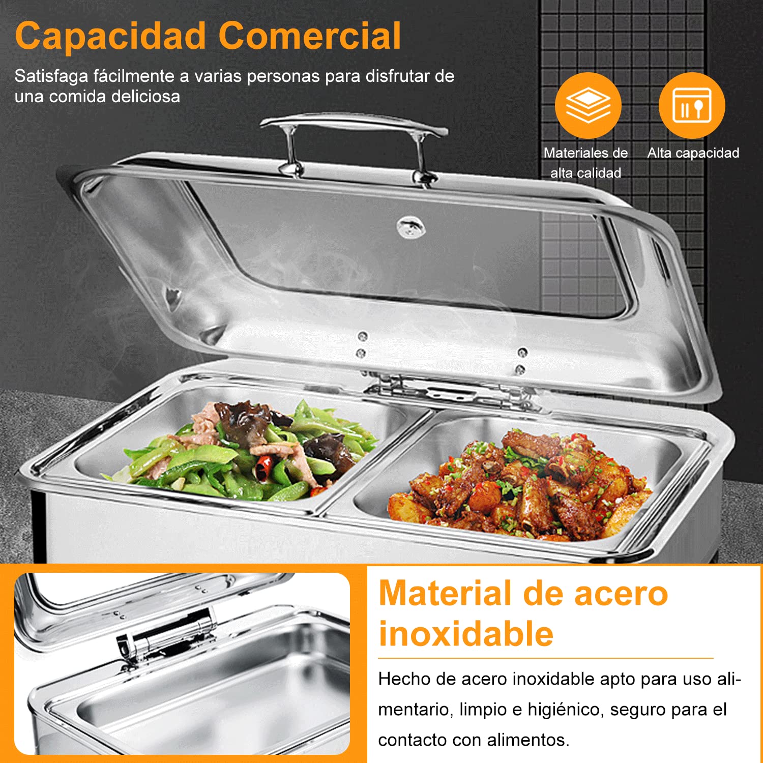 9L Chafing Dish Electrico de Acero Inoxidable, Calentador de Comida Comercial Temperatura Ajustable para Buffet, Calentador de Buffet con con Tapa Visible (1/3 Pan)
