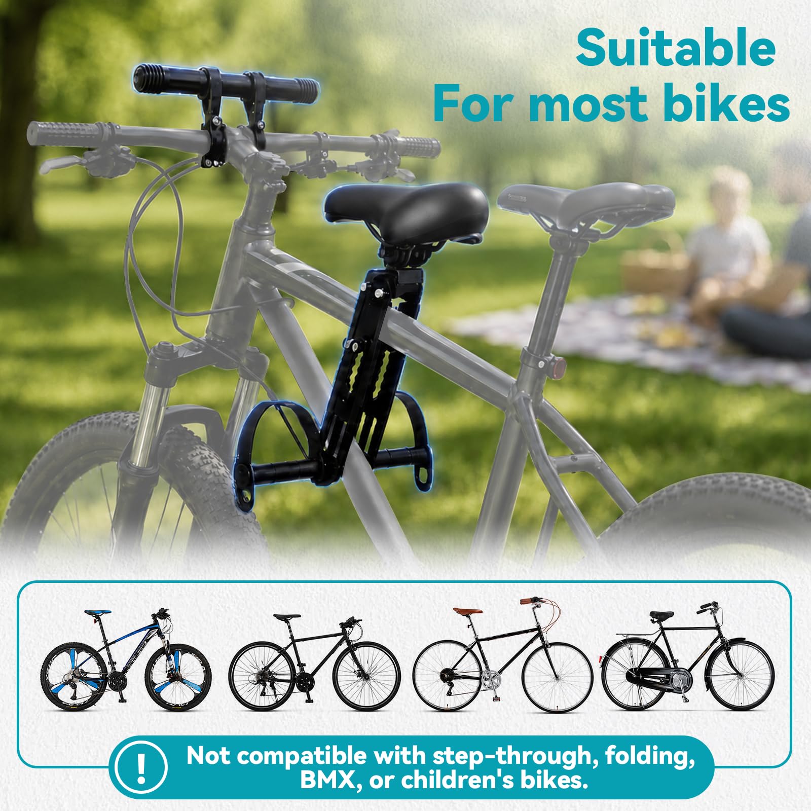 Avant Selle Velo Enfant, Siege Velo Enfant Avant | Siège vélo enfant 2–6 ans, siège PU, support aluminium, poignée de maintien, repose-pieds, pour la plupart des VTT
