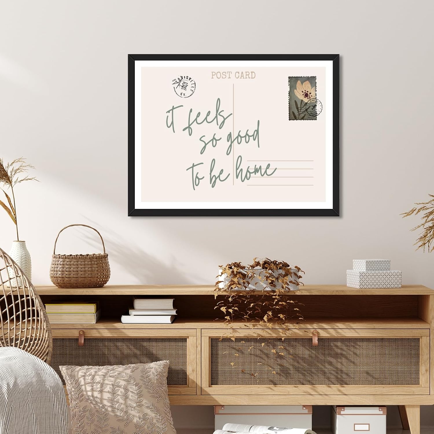 Black Framed It Feels So Good to Be Home Wall Art Vintage Postcard Inspired Quote Canvas Poster Print Rustic Horizontal Sage Green Painting Picture Farmhouse Entryway Bedroom Decor 12x16inch