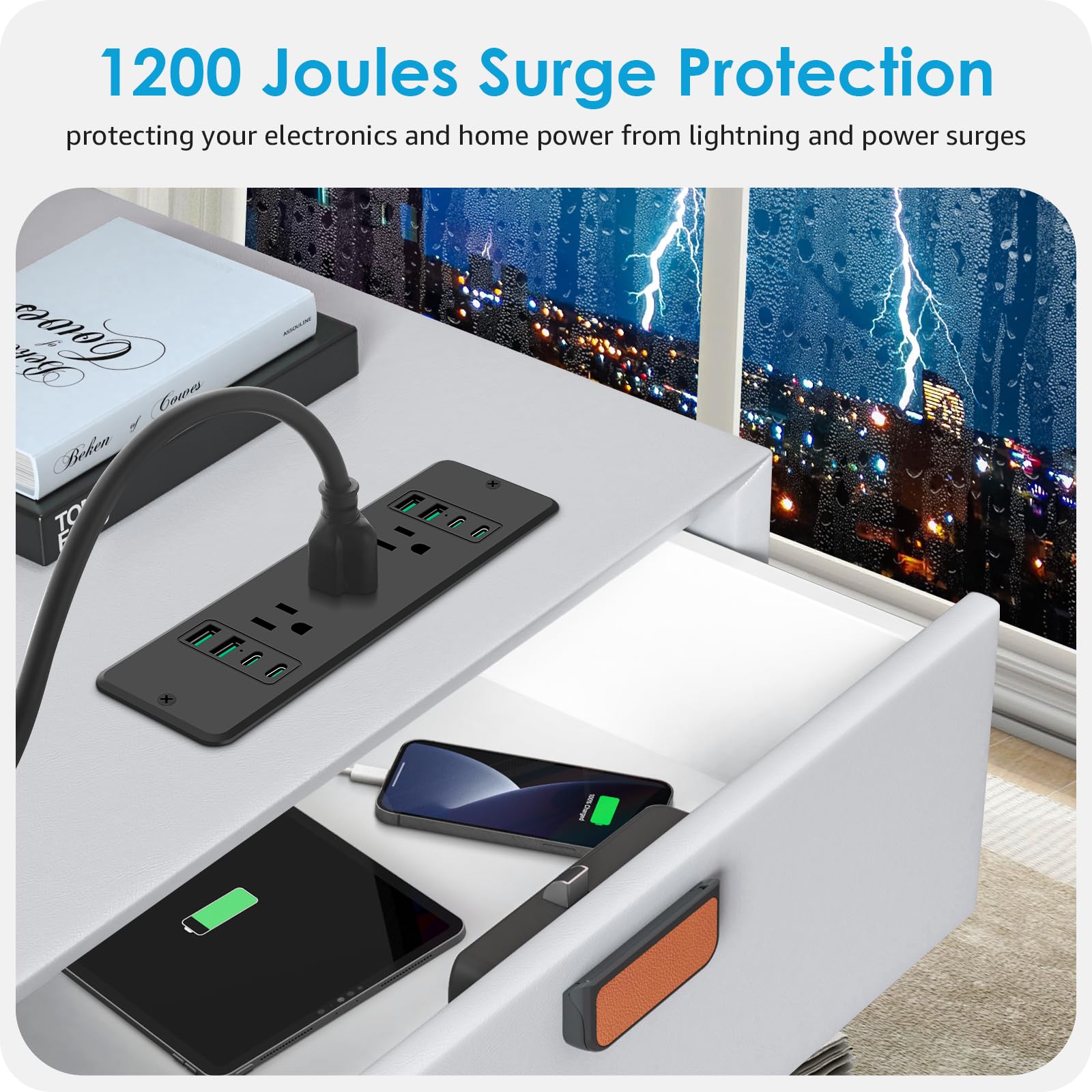 HHSOET Tira de alimentación empotrada de carga rápida 14 en 1, toma de corriente de 45 W para muebles USB C, protección contra sobretensiones con 6 enchufes de CA, 4 USB-A y 4 USB-C, cable de
