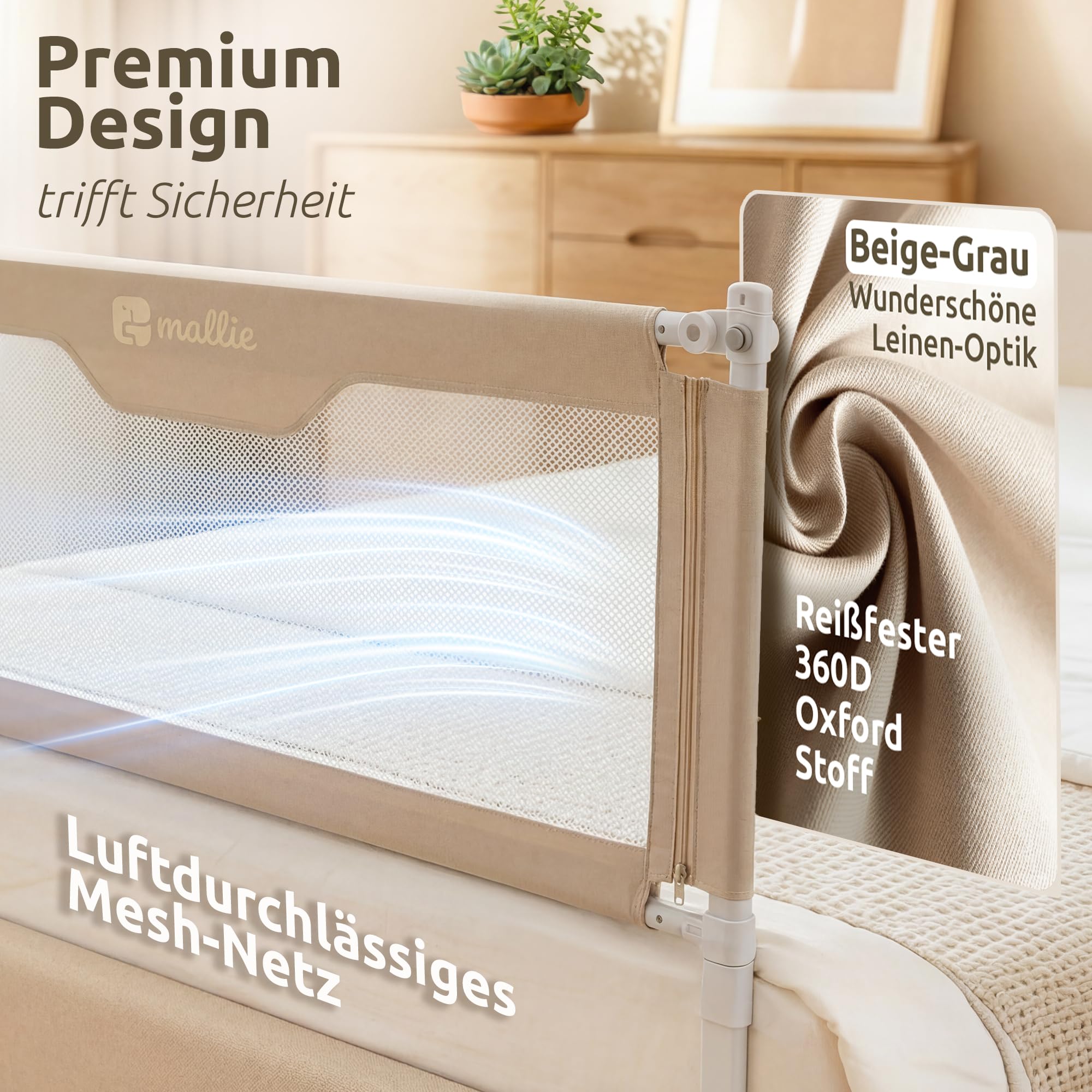 Mallie® Rausfallschutz Boxspringbett 180x200cm Elternbett Beige | 3-seitiges Set mit MALLIEFIX 2.0 Click-System, extra hoch | Bettgitter & Bettschutzgitter für Baby & Kinder