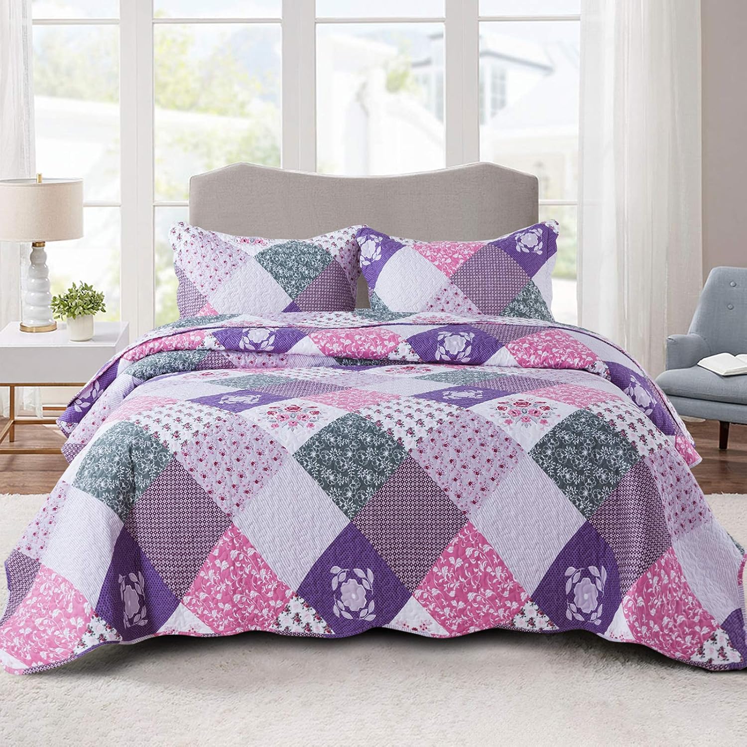 NEWLAKE Quilt Bedspread SetsFloral Checkered Pattern