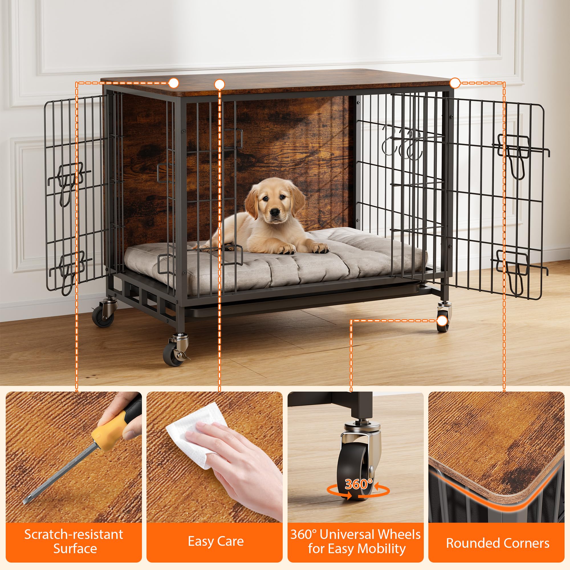 Cage pour chien, meuble, avec 2 portes et 4 roues, 83 x 56 x 64 cm, niche moderne d'intérieur avec surface de table en bois et table d'appoint amovible en métal pour chiens de taille moyenne et petite